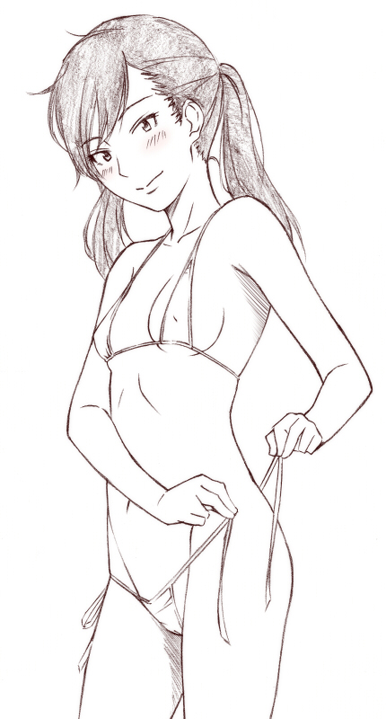 sawa jaaji, sarashina chizuru, hourou musuko, bad id, bad pixiv id, traditional media, 1girl, bikini, black hair, blush, covered erect nipples, female focus, flat chest, greyscale, loli, micro bikini, monochrome, side-tie bikini bottom, solo, swimsuit, twintails, untying