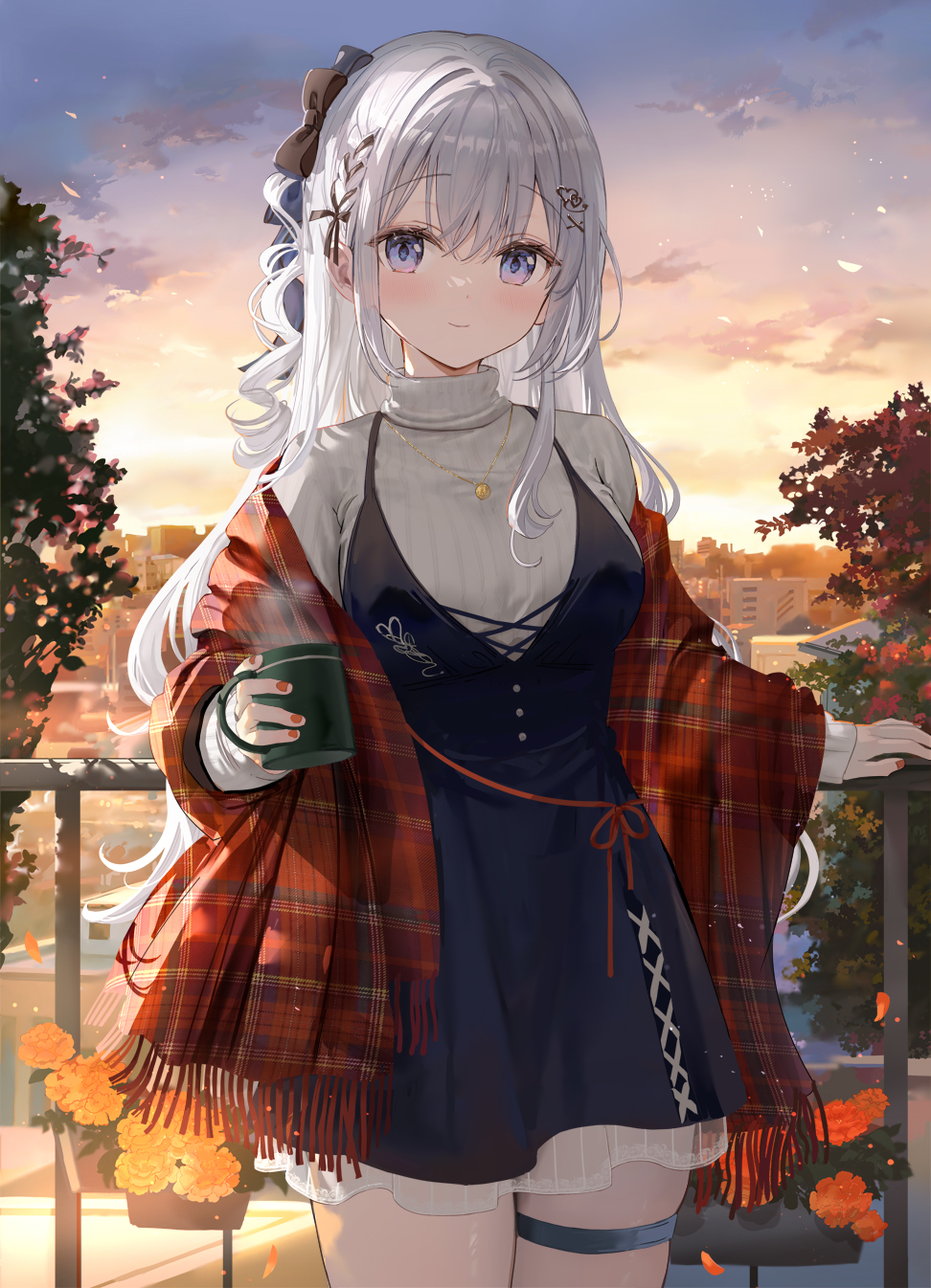 fuumi (radial engine), original, commentary request, highres, 1girl, black bow, black dress, blue eyes, bow, braid, cowboy shot, day, double-parted bangs, dress, grey hair, hair between eyes, hair bow, hair ornament, hairclip, jewelry, light smile, long hair, long sleeves, looking at viewer, necklace, one side up, outdoors, red shawl, ribbed sweater, shawl, side braid, single sidelock, solo, sweater, thigh strap, turtleneck, turtleneck sweater, very long hair, white sweater