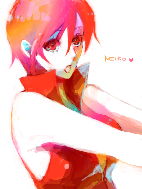 yodokawa (yukko), meiko (vocaloid), vocaloid, 1girl, character name, female focus, oekaki, open mouth, red eyes, red hair, red theme, short hair, solo, tegaki