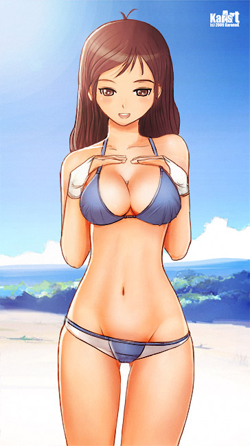 karanak, antenna hair, beach, belly, bikini, breasts, brown eyes, brown hair, cleavage, gloves, long hair, navel, open mouth, panties, pants, scenery, sky, sun, swimsuit, underwear, water