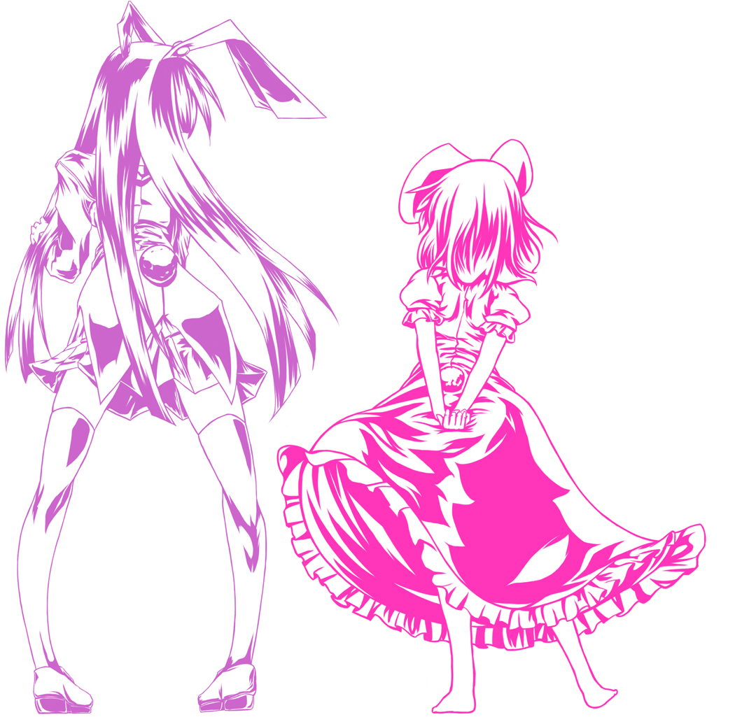 r0g0b0, inaba tewi, reisen udongein inaba, touhou, bad id, bad pixiv id, 2girls, animal ears, barefoot, blazer, female focus, jacket, long hair, monochrome, multiple girls, multiple monochrome, pink theme, purple theme, rabbit ears, rabbit girl, rabbit tail, short hair, tail