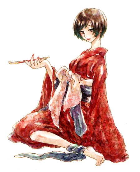 a-gatha, meiko (vocaloid), vocaloid, traditional media, 1girl, blush, brown hair, female focus, fingernails, full body, japanese clothes, kimono, kiseru, looking at viewer, obi, red theme, sash, short hair, simple background, smoke, smoking pipe, solo, white background, yuujo