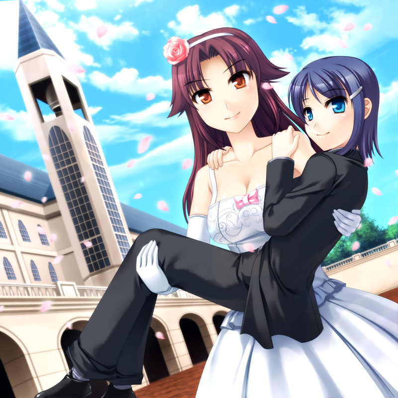 totokichi, mizutani eri, ozaki reiko, idolmaster, idolmaster dearly stars, bad id, bad pixiv id, 00s, 2girls, bell, blue eyes, blue hair, breasts, bride, carrying, cherry blossoms, church, cloud, day, dress, flower, gloves, groom, hair ornament, hairclip, headband, large breasts, long hair, multiple girls, petals, princess carry, red eyes, short hair, sky, smile, tree, wedding, wedding dress, wife and wife, yuri