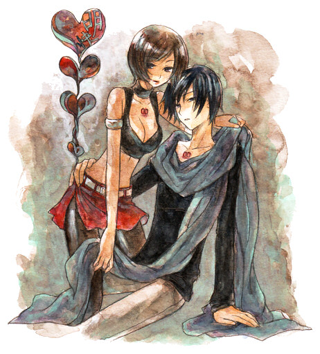 a-gatha, kaito (vocaloid), meiko (vocaloid), vocaloid, traditional media, 1boy, 1girl, blue hair, breasts, brown hair, cleavage, couple, hetero, pantyhose, scarf, short hair, tattoo