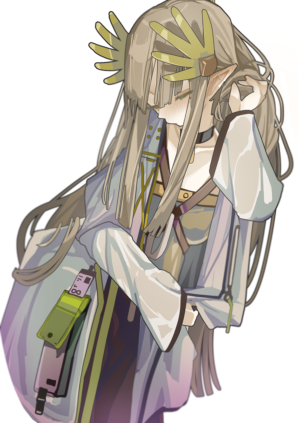 taiiiyakiii, muelsyse (arknights), arknights, commentary, highres, 1girl, black choker, blunt ends, blush, brown hair, choker, closed eyes, coat, elf, hand in own hair, hand up, lab coat, laurel crown, laurels, long hair, long sleeves, mole, mole under eye, open clothes, open coat, pointy ears, rhine lab logo, simple background, solo, white background, white coat