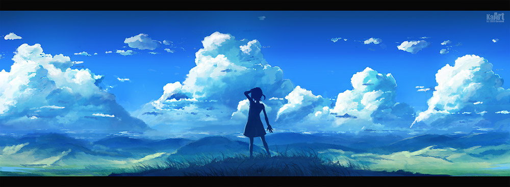 karanak, original, 1girl, blue sky, blue theme, cloud, day, female focus, horizon, landscape, letterboxed, power lines, scenery, short hair, skirt, sky, solo, summer, water, watermark