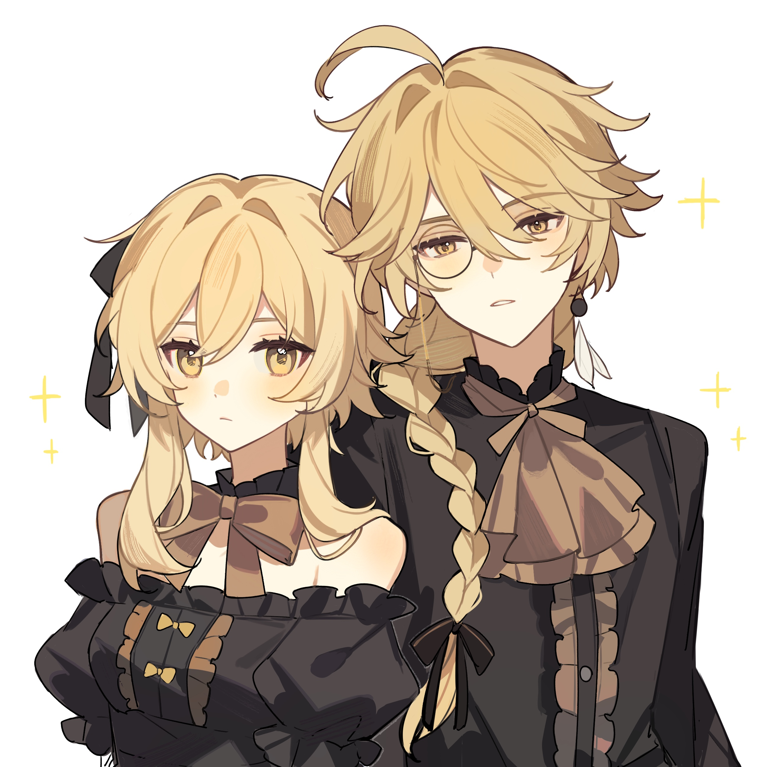 reido 0723, aether (genshin impact), lumine (genshin impact), genshin impact, absurdres, chinese commentary, commentary request, highres, 1boy, 1girl, ahoge, alternate costume, black dress, black ribbon, black shirt, blonde hair, bow, braid, brother and sister, closed mouth, detached sleeves, dress, earrings, hair between eyes, hair over shoulder, hair ribbon, jewelry, long hair, long sleeves, orange eyes, parted lips, ribbon, shirt, short hair with long locks, siblings, simple background, single braid, single earring, sparkle, twins, white background, yellow eyes