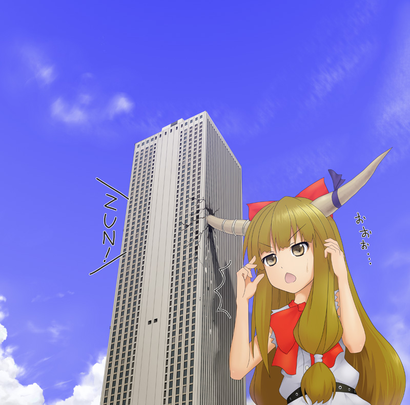 kuro oolong, ibuki suika, touhou, bad id, bad pixiv id, >:<, 1girl, :<, ^^^, building, chestnut mouth, closed mouth, crack, destruction, female focus, giant, giantess, horns, open mouth, skyscraper, solo, v-shaped eyebrows
