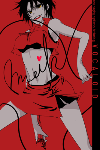 meiko (vocaloid), vocaloid, lowres, 1girl, black hair, breasts, brown hair, female focus, large breasts, microphone, monochrome, red theme, short hair, simple background, skirt, solo