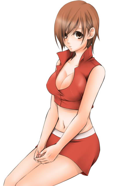 kurota, meiko (vocaloid), vocaloid, 1girl, breasts, brown eyes, brown hair, cleavage, female focus, large breasts, midriff, nail polish, red theme, short hair, simple background, skirt, solo, white background