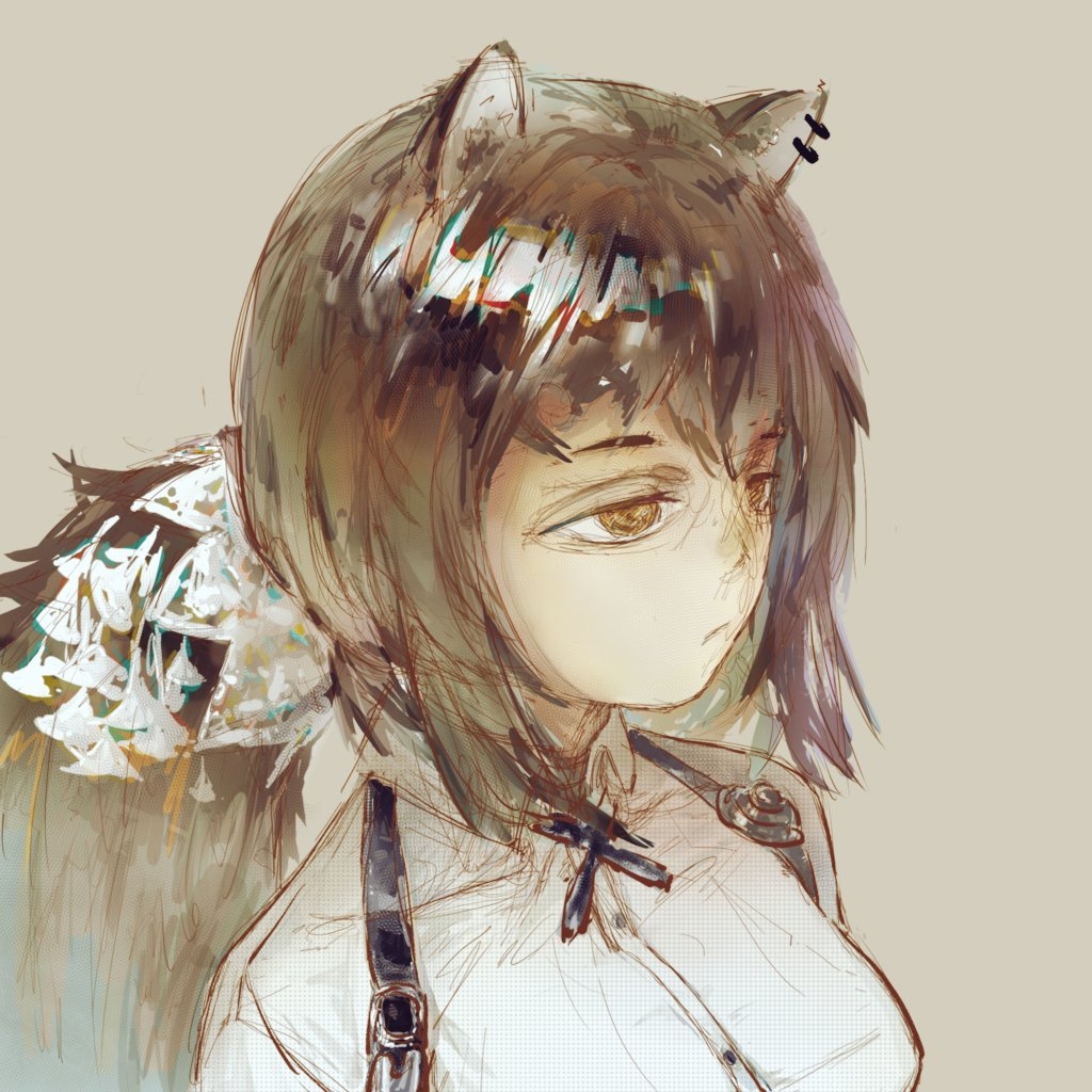 robin (arknights), arknights, commentary request, 1girl, animal ears, black cross tie, breasts, brown background, brown hair, collared shirt, cross tie, hair between eyes, long2er1, long hair, no freckles, ponytail, raccoon ears, raccoon girl, shirt, simple background, sketch, solo, white shirt