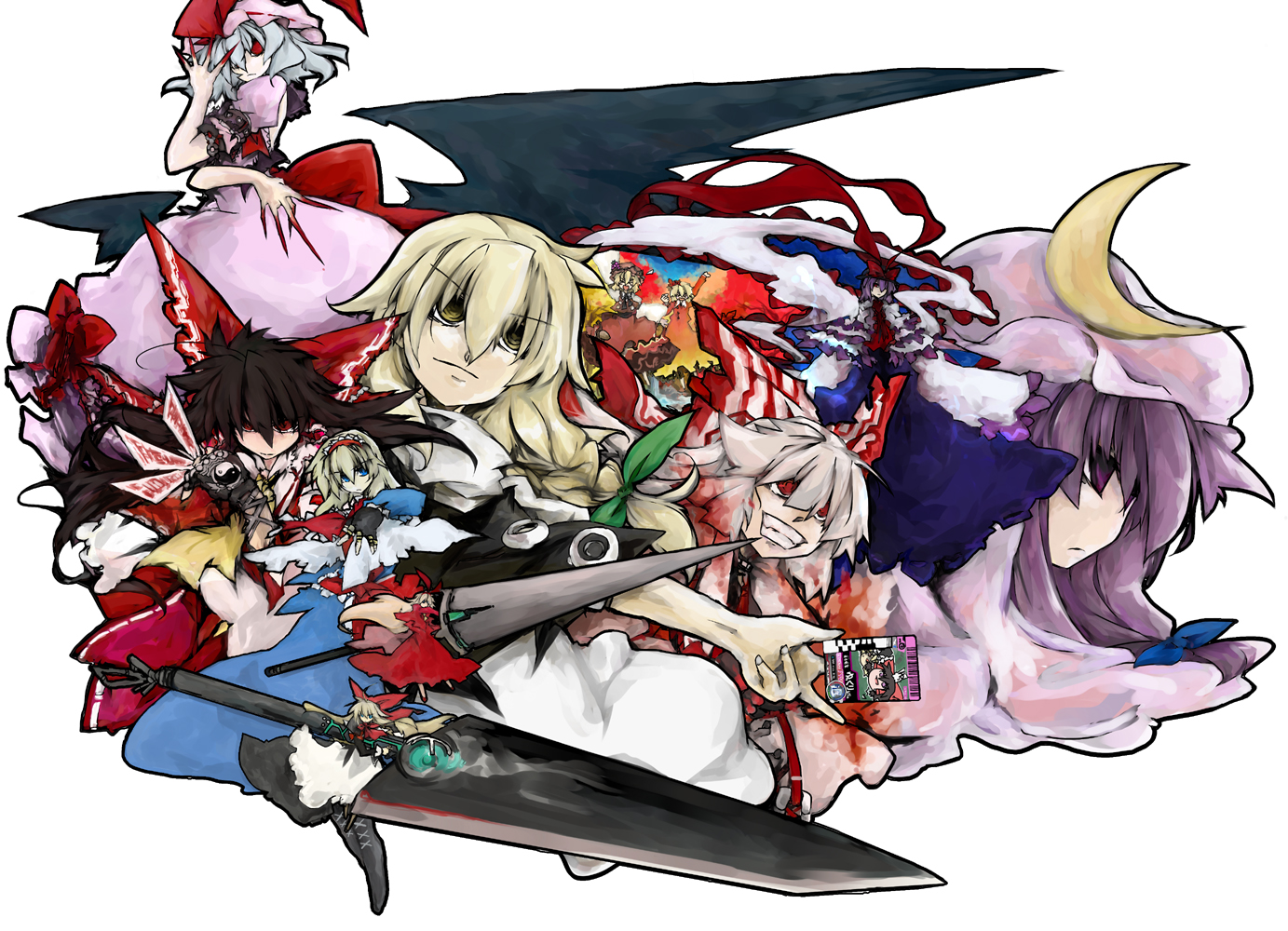 beru, aki minoriko, aki shizuha, alice margatroid, fujiwara no mokou, hakurei reimu, hourai doll, kamen rider decade, kirisame marisa, nagae iku, patchouli knowledge, shanghai doll, kamen rider, kamen rider dcd, touhou, 6+girls, blonde hair, female focus, hat, lance, leaf, multiple girls, polearm, short hair, spear, sword, weapon, yukkuri shiteitte ne