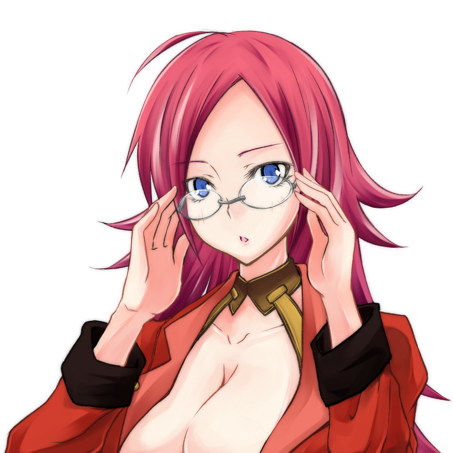 zanku, francis drake (fate), fate/extra, fate/stay night, fate (series), 00s, 10s, 1girl, :o, adjusting eyewear, blue eyes, breasts, cleavage, female focus, glasses, long hair, looking at viewer, open mouth, red hair, simple background, solo, upper body, white background