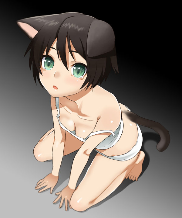 mattaku mousuke, original, 1girl, animal ears, barefoot, blush, breasts, brown hair, camisole, cat ears, cat tail, cleavage, downblouse, feet, female focus, green eyes, open mouth, panties, solo, squatting, strap slip, tail, tears, toes, underwear