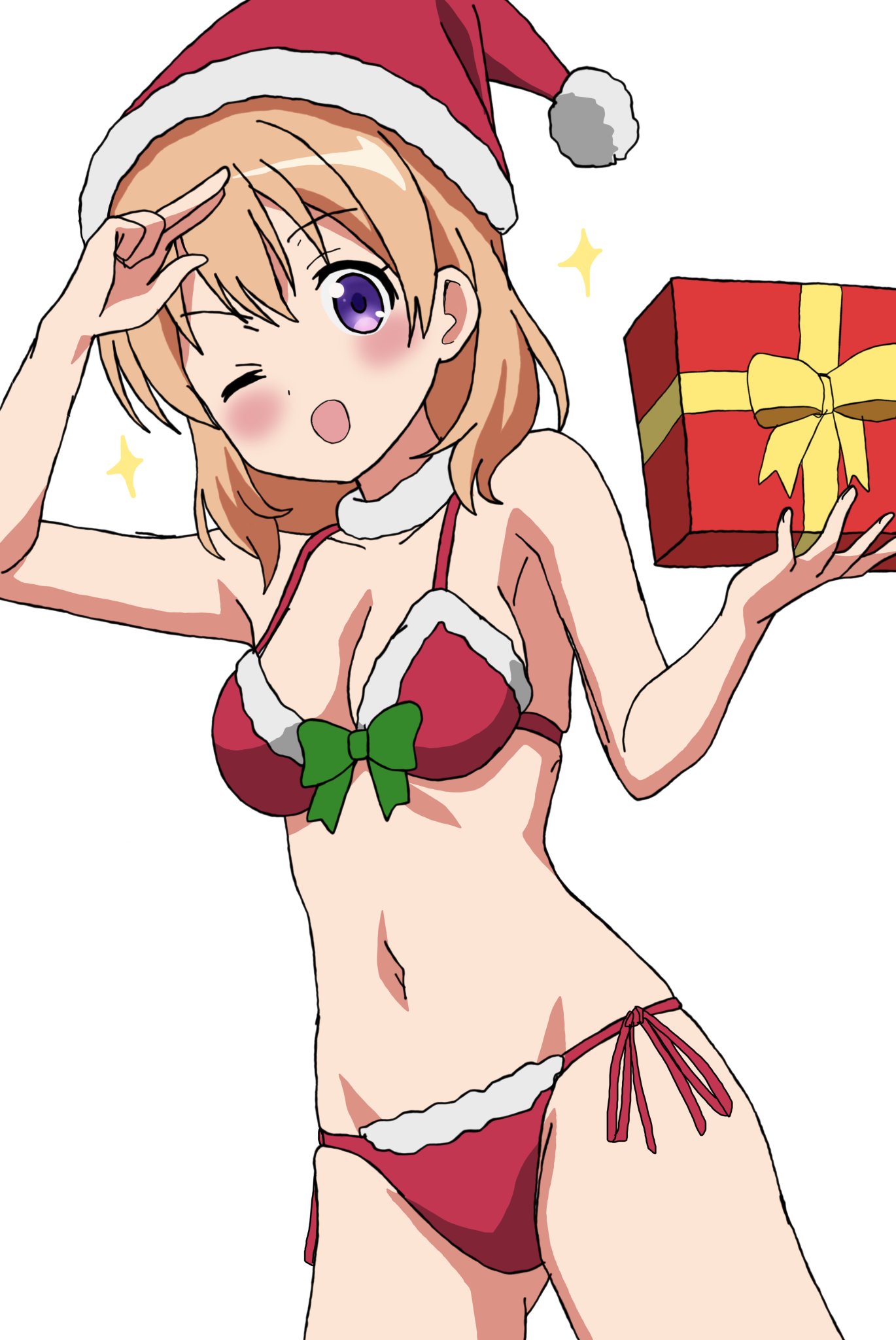 riokasen, hoto cocoa, gochuumon wa usagi desu ka?, highres, 1girl, :d, anime coloring, arm up, bikini, black outline, blush, bow, box, breasts, christmas, cleavage, cowboy shot, dot nose, dutch angle, front-tie bikini top, front-tie top, fur-trimmed bikini, fur-trimmed headwear, fur trim, gift, gift box, gluteal fold, green bow, half-furrowed brow, hand up, hat, holding, holding gift, koi (koisan) (style), looking at viewer, medium breasts, medium hair, navel, one eye closed, open mouth, orange hair, outline, red bikini, santa hat, side-tie bikini bottom, simple background, smile, solo, sparkle, swimsuit, three-finger salute, white background, yellow bow