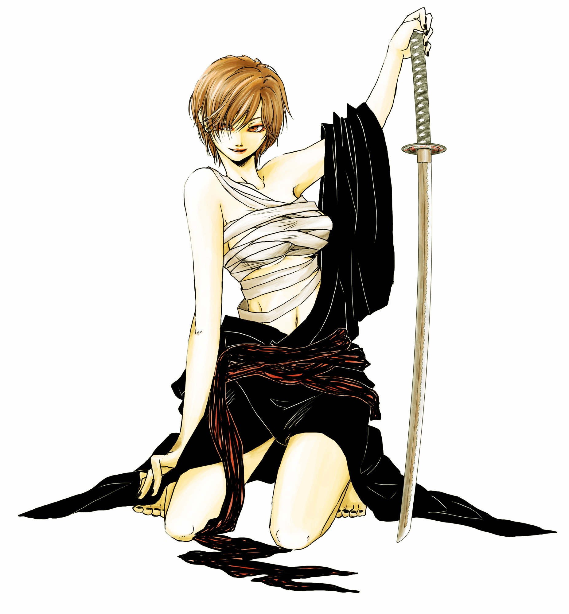 makoto (maternalism), meiko (vocaloid), senshuu ichiya (vocaloid), vocaloid, highres, md5 mismatch, 1girl, barefoot, brown eyes, brown hair, chiaki night, female focus, full body, holding, holding sword, holding weapon, japanese clothes, katana, kimono, nail polish, sarashi, short hair, simple background, smile, solo, swept bangs, sword, toenail polish, toenails, weapon, white background