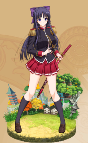 ryuuzouji akane, flower knight girl, walkure romanze, game cg, lowres, official art, 1girl, black hair, black socks, blue eyes, bow, breasts, epaulettes, faux figurine, full body, hair bow, holding, holding sword, holding weapon, katana, kneehighs, large breasts, loafers, long hair, looking at viewer, military, military uniform, pleated skirt, purple bow, red skirt, sheath, sheathed, shoes, skirt, smile, socks, solo, standing, sword, tree, weapon