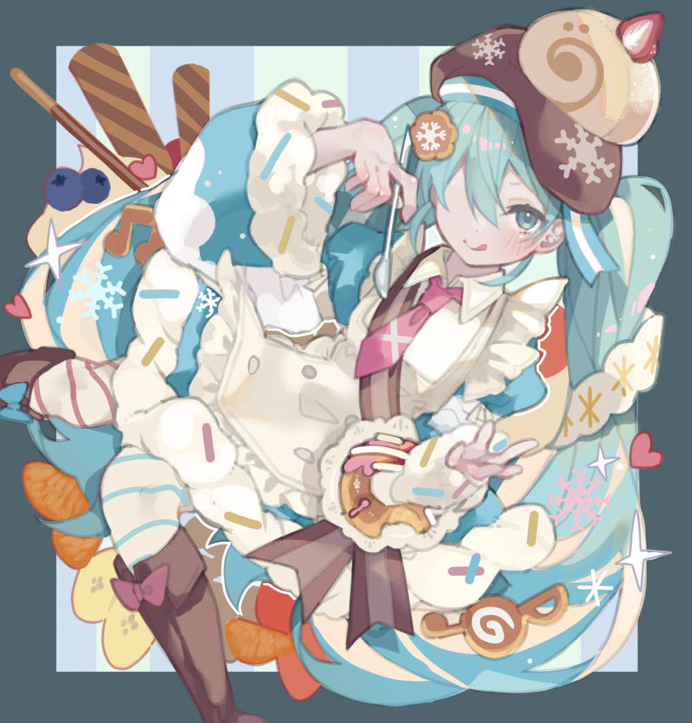 koutya cat, hatsune miku, yuki miku, yuki miku (2026), vocaloid, commentary request, 1girl, asymmetrical legwear, blue bow, blue dress, blue eyes, blue hair, blue pantyhose, boots, bow, bread, brown boots, brown hat, closed mouth, cookie hair ornament, diagonal-striped pantyhose, double-parted bangs, dress, food, food-themed hair ornament, footwear bow, hair between eyes, hair ornament, hat, long hair, long sleeves, looking at viewer, mismatched legwear, musical note-themed food, necktie, pantyhose, pink bow, pink necktie, pink pantyhose, smile, solo, striped clothes, striped pantyhose, tongue, tongue out, wide sleeves