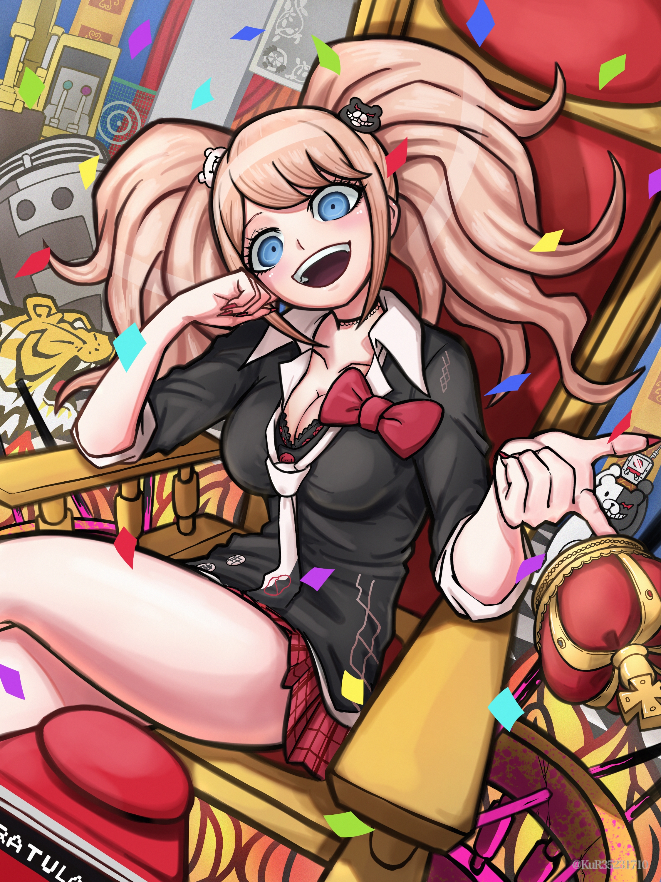 aruke (gter7727), enoshima junko, monokuma, danganronpa: trigger happy havoc, danganronpa (series), absurdres, highres, 1girl, :d, bear hair ornament, black choker, black shirt, blonde hair, blue eyes, bow, breasts, choker, cleavage, collarbone, hair ornament, large breasts, long hair, looking at viewer, miniskirt, nail polish, necktie, open mouth, red bow, red nails, shirt, skirt, smile, solo, teeth, throne, tiger, twintails