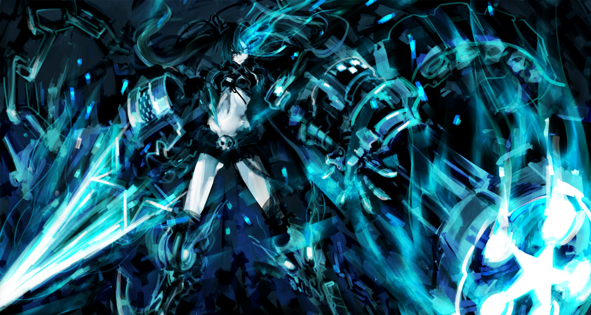 z-ton, black rock shooter (character), black rock shooter, 10s, 1girl, armor, black hair, blue eyes, chain, dual wielding, epic, female focus, glowing, glowing eyes, holding, huge weapon, jacket, midriff, pale skin, shorts, solo, star (symbol), twintails, weapon
