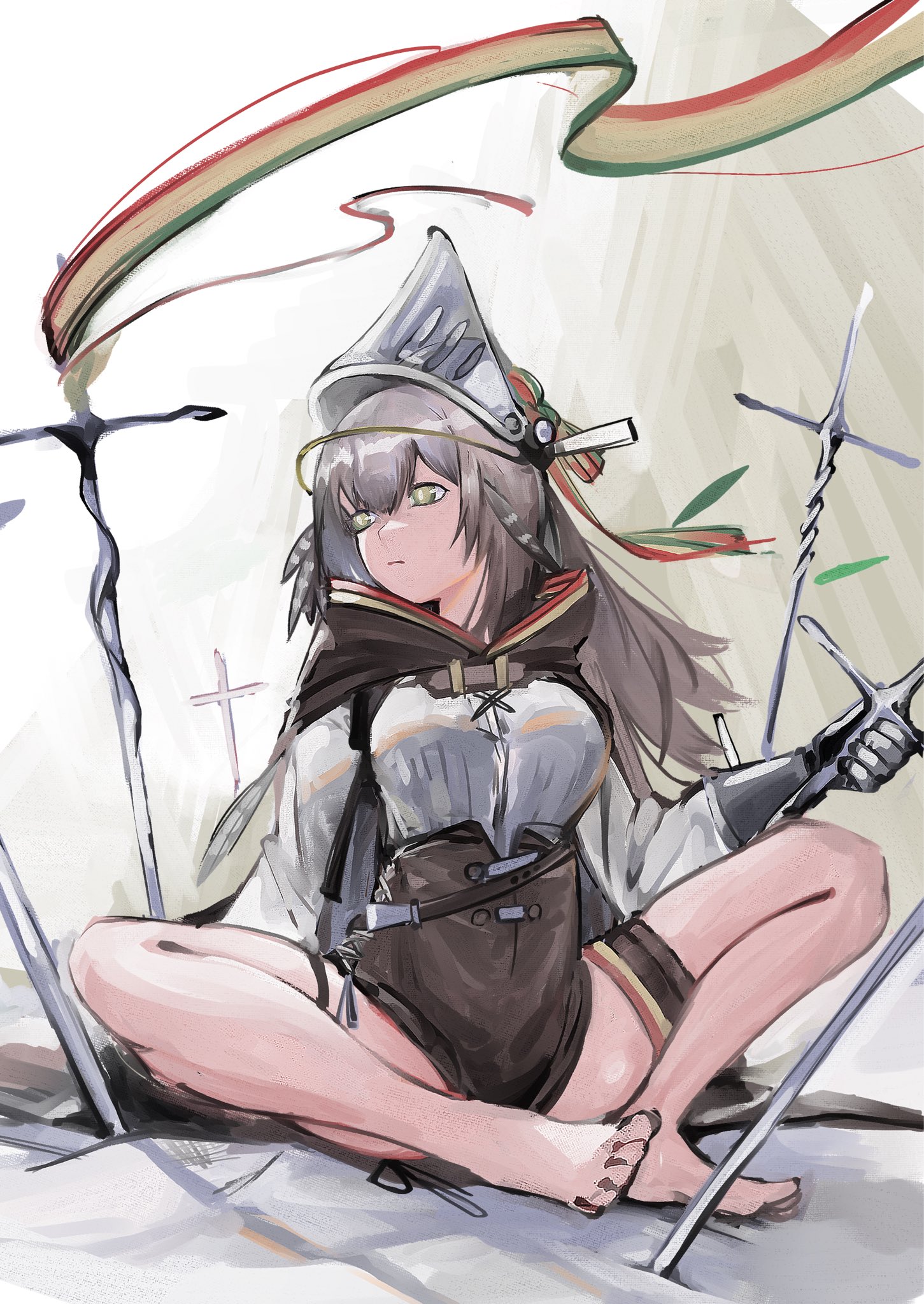 karaage-senpai, fartooth (arknights), arknights, commentary request, highres, 1girl, barefoot, bird girl, black shorts, breasts, cape, cross-laced clothes, cross-laced shorts, feather hair, feet, gauntlets, grey hair, high-waist shorts, holding, holding sword, holding weapon, long hair, long sleeves, looking at viewer, shirt, shorts, side-tie shorts, solo, sword, thigh strap, visor (armor), visor lift, weapon, white shirt, yellow eyes