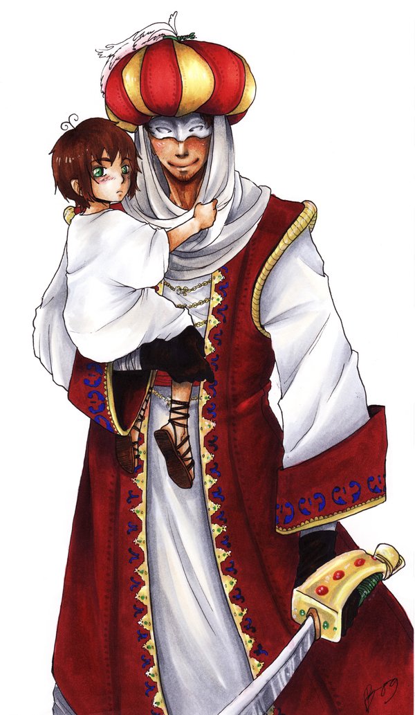 bitterbastard, greece (hetalia), turkey (hetalia), axis powers hetalia, traditional clothes, bad deviantart id, bad id, marker (medium), traditional media, 00s, 2boys, aged down, ahoge, antenna hair, brown hair, carrying, child, clothes grab, embroidery, facial hair, gloves, goatee stubble, green eyes, hat, large hat, long sleeves, male focus, mask, multiple boys, robe, sandals, simple background, sleeve cuffs, smile, stubble, sword, turban, vest, weapon, white background