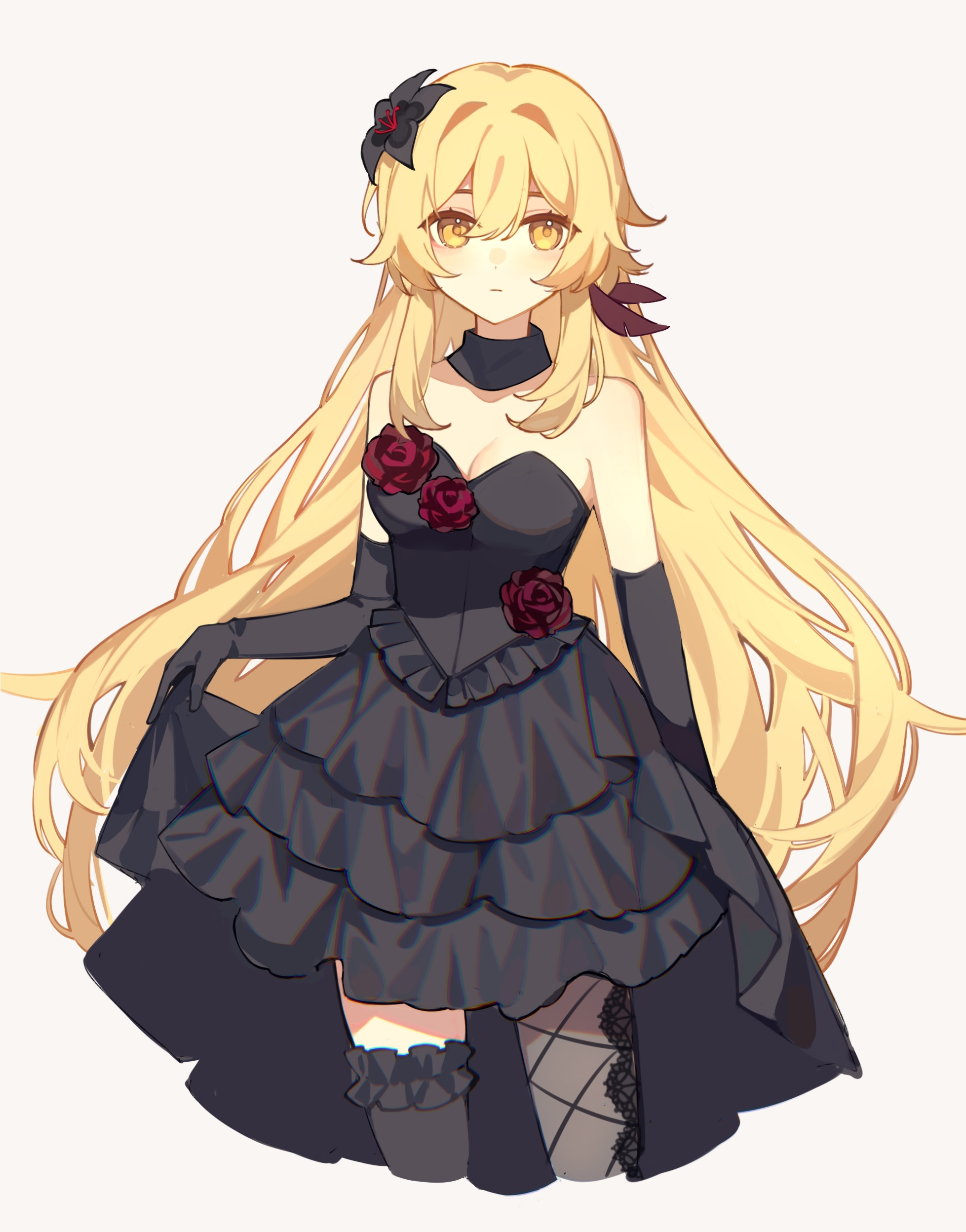 reido 0723, lumine (genshin impact), genshin impact, absurdres, highres, 1girl, alternate costume, alternate hairstyle, bare shoulders, black dress, black gloves, blonde hair, breasts, chromatic aberration, cleavage, closed mouth, cowboy shot, cropped legs, dress, elbow gloves, flower, gloves, grey background, hair between eyes, hair down, hair flower, hair ornament, long hair, looking at viewer, medium breasts, red flower, red rose, rose, simple background, skirt hold, solo, standing, strapless, strapless dress, thighhighs, very long hair, yellow eyes