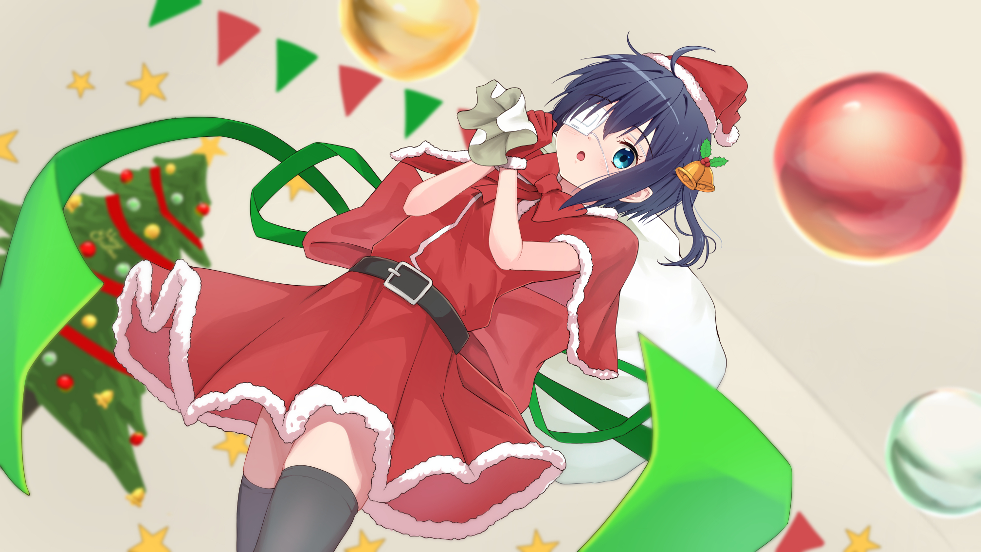 shikkoku no hono mikado, takanashi rikka, chuunibyou demo koi ga shitai!, highres, 1girl, :o, ahoge, bell, belt, black belt, black hair, black thighhighs, blue hair, bow, bowtie, capelet, christmas tree, dress, eyepatch, gloves, hair bell, hair ornament, hat, looking at viewer, medical eyepatch, mistletoe hair ornament, one side up, red bow, red bowtie, red capelet, red dress, red gloves, santa costume, santa dress, santa hat, short hair, solo, thighhighs, zettai ryouiki