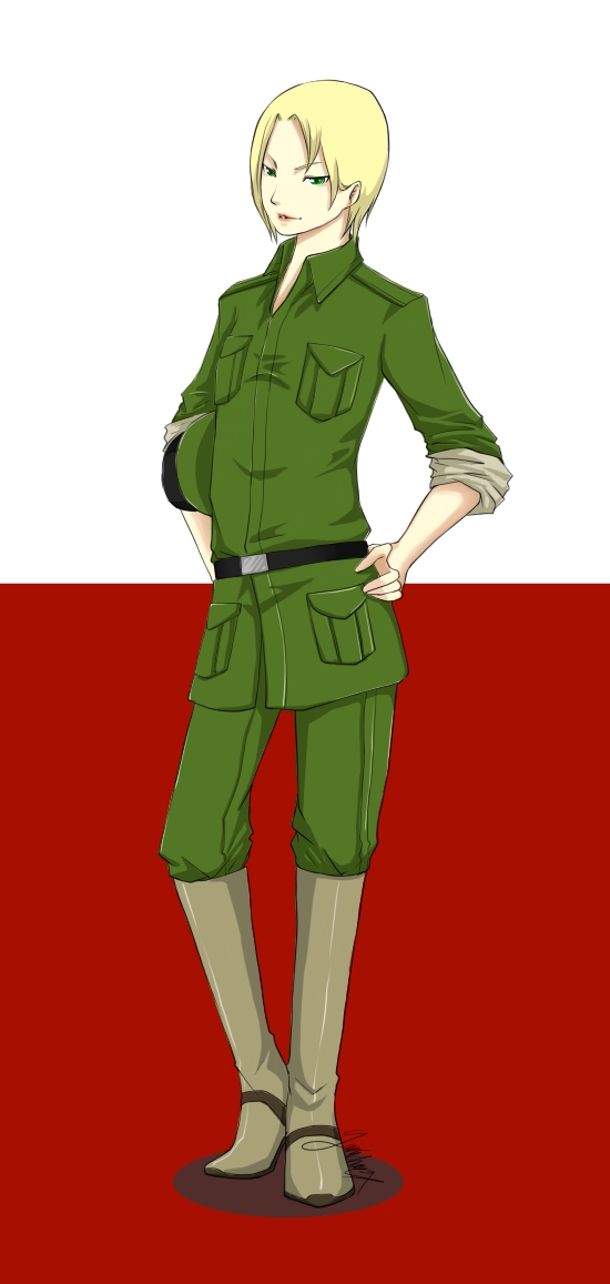 yunichan, poland (hetalia), axis powers hetalia, gender request, 00s, 1girl, androgynous, belt, blonde hair, blue eyes, boots, female focus, flag, genderswap, hands on own hips, hat, knee boots, looking at viewer, military, military uniform, open collar, peaked cap, reverse trap, short hair, sleeves rolled up, smirk, solo