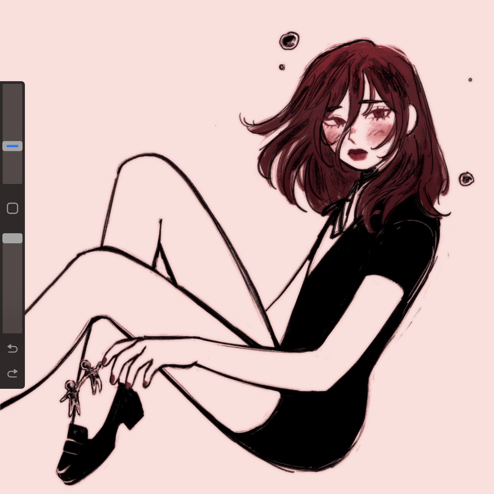 diinnple, cinnabar (houseki no kuni), houseki no kuni, commentary, english commentary, highres, procreate (medium), 1other, alternate costume, androgynous, art program in frame, black ribbon, black shirt, black shoes, black shorts, blush, closed mouth, collared shirt, colored eyelashes, colored skin, feet out of frame, floating, floating hair, from side, gem uniform (houseki no kuni), hair between eyes, knees up, levitation, loafers, long bangs, long hair, looking ahead, mercury (element), neck ribbon, other focus, red eyes, red hair, red lips, red nails, ribbon, sad, shirt, shoes, short sleeves, shorts, simple background, sketch, thick lips, white background, white shirt, white skin