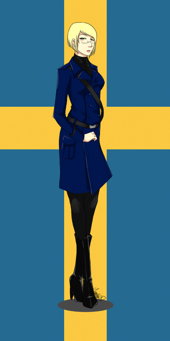 yunichan, sweden (hetalia), axis powers hetalia, 00s, 1girl, belt, blonde hair, blue eyes, boots, female focus, flag, full body, genderswap, genderswap (mtf), glasses, knee boots, leggings, long coat, pantyhose, raised eyebrow, short hair, solo
