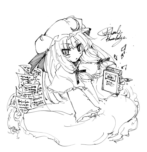 tokiame, patchouli knowledge, touhou, traditional media, 1girl, female focus, full body, greyscale, monochrome, solo