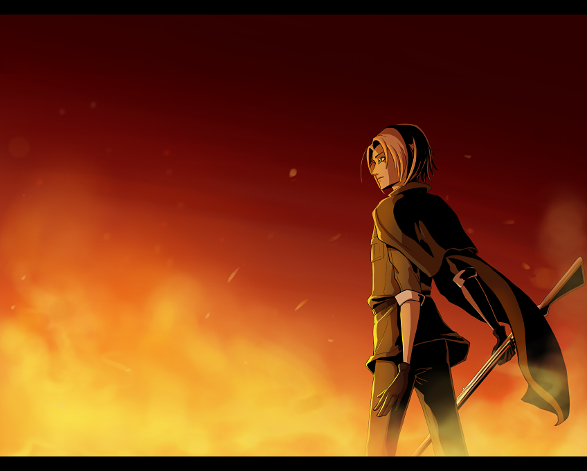 scrii, poland (hetalia), axis powers hetalia, 00s, 1boy, blonde hair, cape, capelet, fire, gloves, green eyes, gun, letterboxed, male focus, military, military uniform, outdoors, sky, solo, standing, weapon
