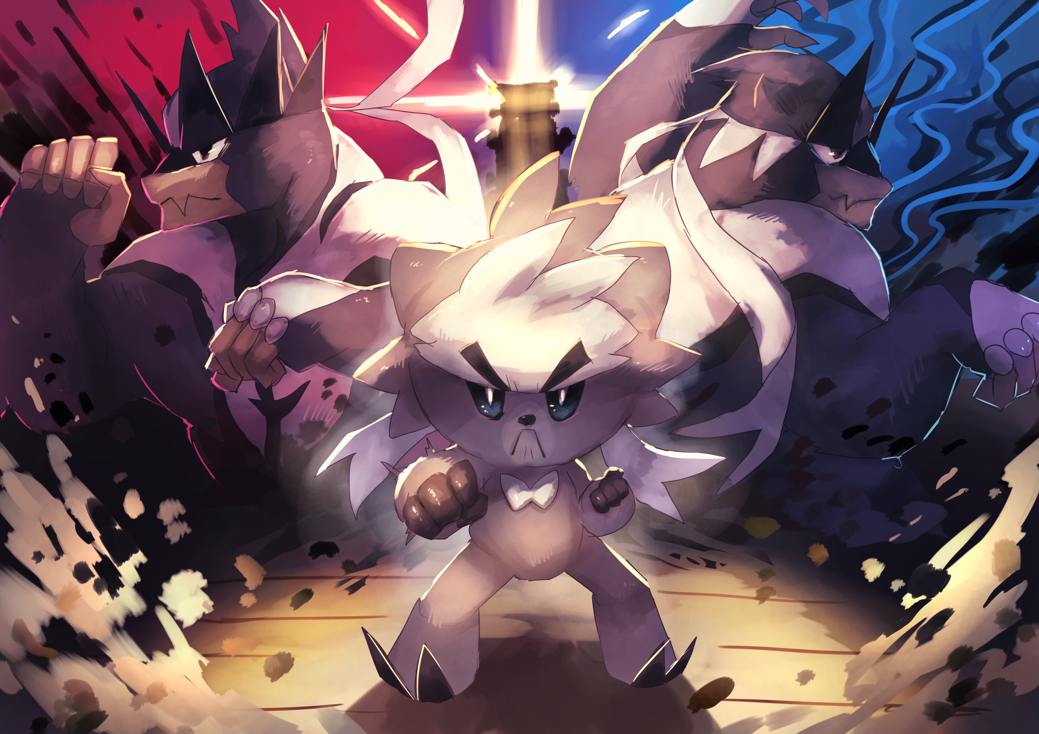 shiburingaru, kubfu, urshifu, urshifu (rapid), urshifu (single), nintendo, pokemon, absurdres, commentary request, highres, clenched hands, closed mouth, evolutionary line, fang, fighting stance, full body, gen 8 pokemon, legendary pokemon, pokemon (creature), pokemon focus, skin fang, standing, thick eyebrows, v-shaped eyebrows