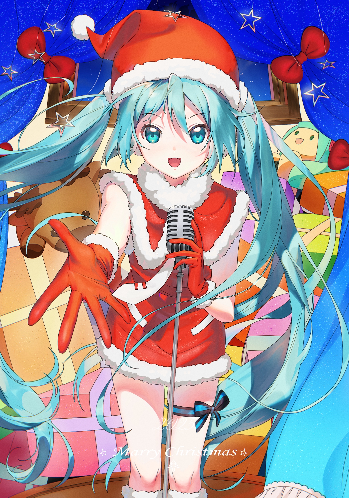 hatsune miku, vocaloid, commentary request, highres, 1girl, aqua eyes, aqua hair, bow, box, capelet, christmas, dress, fur-trimmed capelet, fur-trimmed gloves, fur trim, gift, gift box, gloves, hair between eyes, hat, holding, holding microphone, long hair, microphone, necktie, open mouth, reaching, reaching towards viewer, red bow, red gloves, santa costume, santa dress, santa hat, smile, solo, thigh strap, tie clip, twintails, user grer8255, very long hair, white necktie