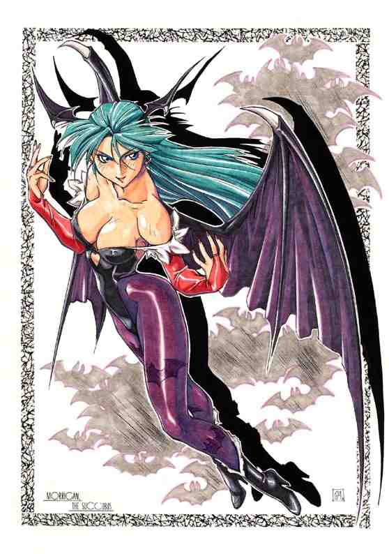 mu-jo, morrigan aensland, capcom, darkstalkers, jpeg artifacts, 1girl, bare shoulders, bat wings, breasts, cleavage, demon girl, elbow gloves, female focus, full body, gloves, green hair, head wings, large breasts, long hair, pantyhose, solo, wings
