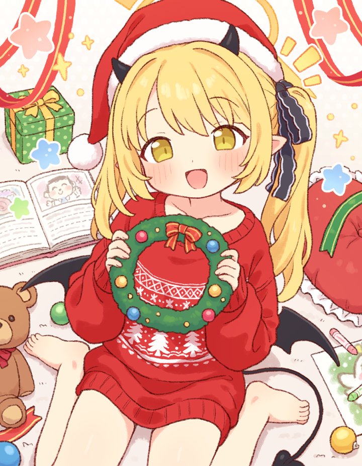 onyhakase, doodle sensei (blue archive), ibuki (blue archive), sensei (blue archive), blue archive, commentary, symbol-only commentary, 1girl, :d, barefoot, black horns, black tail, black wings, blonde hair, blush, collarbone, crayon, demon girl, demon horns, demon tail, demon wings, fur-trimmed headwear, fur trim, halo, hat, holding, horns, long hair, long sleeves, looking at viewer, notice lines, open mouth, pointy ears, red hat, red sweater, santa hat, side ponytail, sitting, smile, soles, solo, stuffed animal, stuffed toy, sweater, tail, teddy bear, toes, wariza, wings, yellow eyes, yellow halo