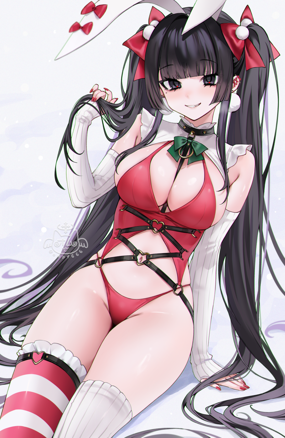 ompf, original, highres, 1girl, animal ears, asymmetrical legwear, black eyes, black hair, blunt bangs, bow, bowtie, breasts, cleavage, ear bow, elbow gloves, fake animal ears, fingerless gloves, gloves, green bow, green bowtie, grin, groin, hair bow, large breasts, long hair, mismatched legwear, nail polish, panties, rabbit ears, red hair, red nails, red panties, red thighhighs, sitting, smile, solo, striped clothes, striped thighhighs, teeth, thighhighs, underwear, white thighhighs