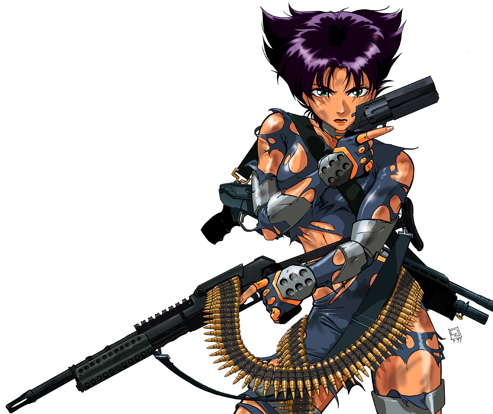 lorraine reyes mclees, konoko (oni), oni (game), combat shotgun, highres, official art, 1990s (style), 1girl, ammunition, ammunition belt, asymmetrical dual wielding, bullet, dual-mode shotgun, dual wielding, elbow gloves, female focus, fingerless gloves, gloves, green eyes, gun, handgun, holding, machine gun, pistol, pump-action shotgun, pump action, purple hair, retro artstyle, revolver, rifle cartridge, semi-automatic shotgun, shotgun, simple background, solo, spas-12, torn clothes, trigger discipline, weapon, weapon on back, white background