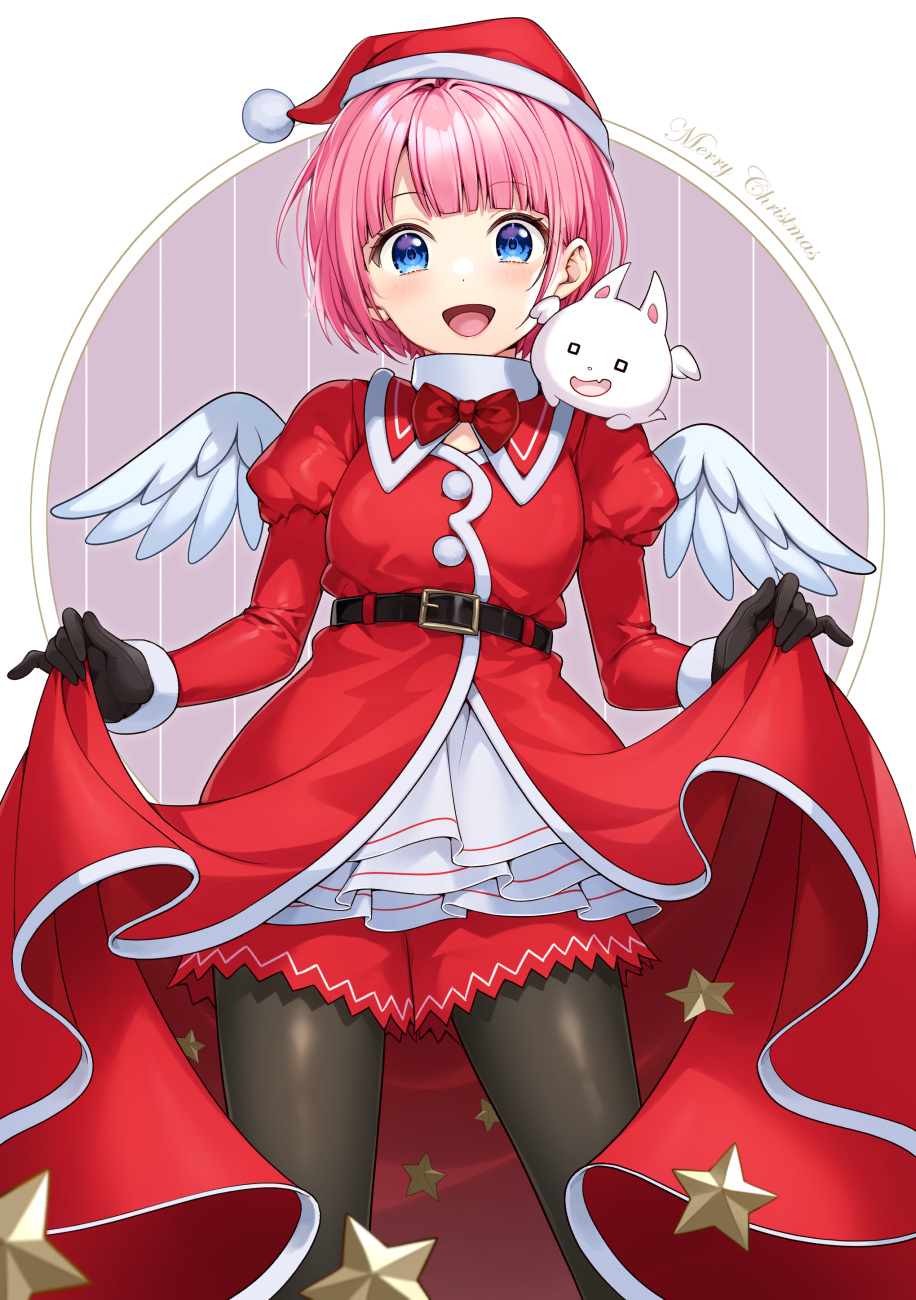bon (bonbon315), original, highres, 1girl, :d, animal, animal on shoulder, belt, black belt, black gloves, blue eyes, breasts, brown pantyhose, christmas, cowboy shot, gloves, hat, long sleeves, looking at viewer, open mouth, pantyhose, pink background, pink hair, red hat, santa costume, santa hat, short hair, small breasts, smile, solo, star (symbol), white background, wings