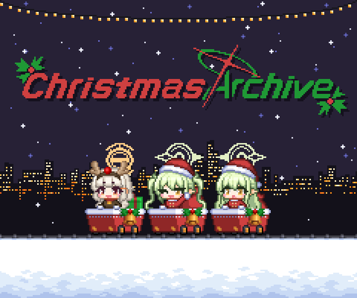 redforge, aoba (blue archive), hikari (blue archive), nozomi (blue archive), blue archive, commentary, english commentary, 3girls, animal costume, antlers, bell, fake antlers, green hair, green halo, grey hair, halo, hat, horns, long hair, multiple girls, one eye closed, open mouth, pixel art, pointy ears, red eyes, reindeer antlers, reindeer costume, santa costume, twintails, yellow eyes