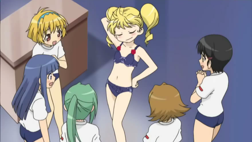 yawaraka sangokushi tsukisase!! ryofuko-chan, 00s, 6+girls, arm behind head, bikini, black hair, blonde hair, blue hair, bra, breasts, brown hair, buruma, closed eyes, contrapposto, desk, drill hair, everyone, green hair, gym uniform, hairband, hand on own hip, indoors, loli, multiple girls, open mouth, panties, ponytail, purple eyes, small breasts, smile, swimsuit, twin drills, underwear