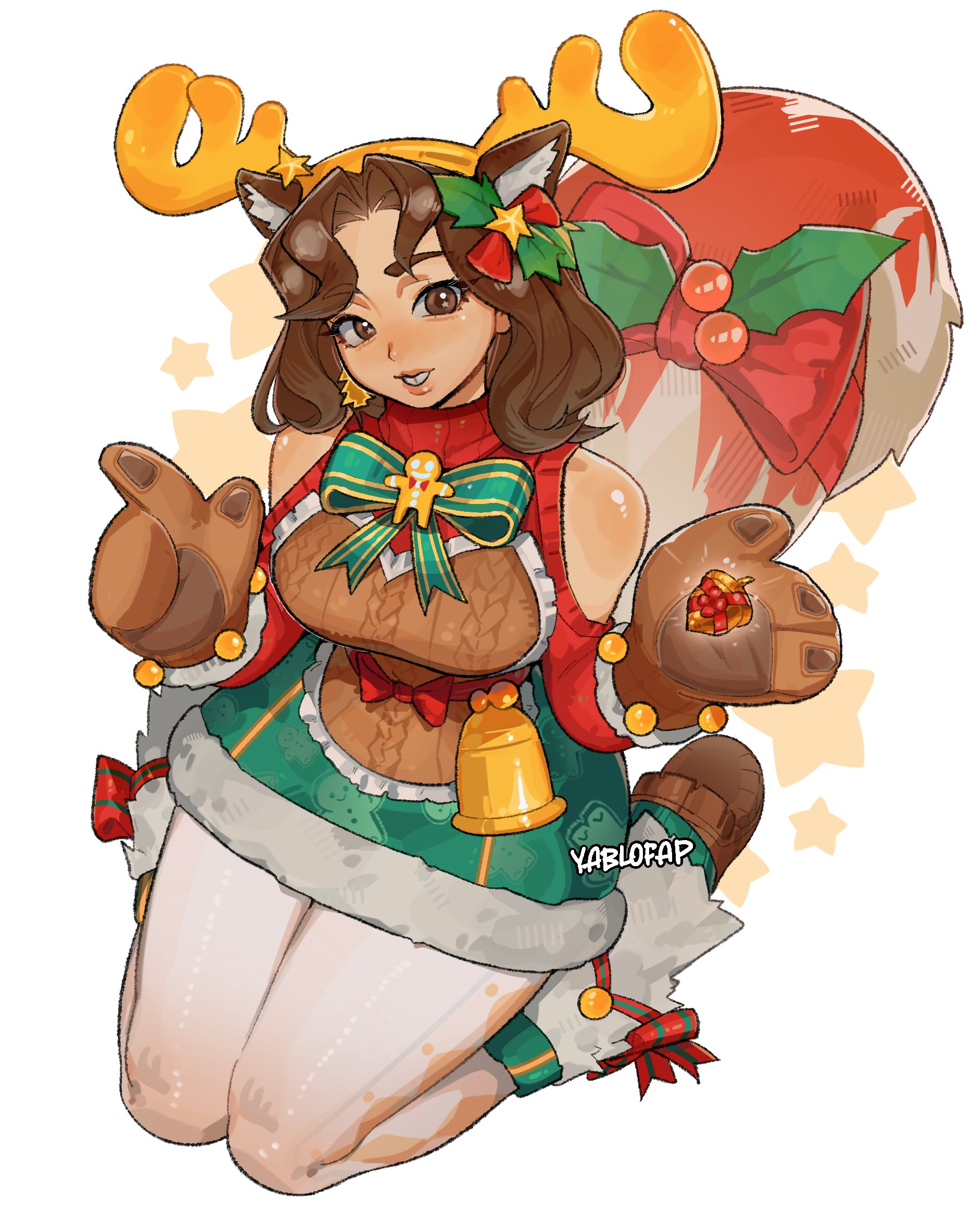 yablofap, squirrel girl (marvel), marvel, marvel rivals, highres, 1girl, acorn, animal ears, antlers, apron, bare shoulders, bell, bow, bowtie, brown apron, brown eyes, brown hair, brown mittens, buck teeth, christmas, clothing cutout, curtained hair, earrings, fake antlers, full body, fur leg warmers, fur trim, gingerbread man, green bow, green bowtie, green skirt, holding acorn, holly, horns, jewelry, large tail, leg warmers, mittens, official alternate costume, pantyhose, parted lips, red sweater, red tail, reindeer antlers, seiza, shoulder cutout, single earring, sitting, skirt, solo, squirrel ears, squirrel girl, squirrel tail, star (symbol), sweater, tail, teeth, two-tone tail, white pantyhose, white tail