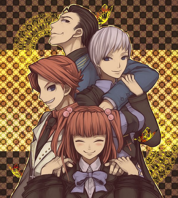 niso, ushiromiya ange, ushiromiya battler, ushiromiya kyrie, ushiromiya rudolf, umineko no naku koro ni, silver hair, 00s, 2boys, 2girls, blue eyes, blush, bow, brother and sister, brown hair, bug, butterfly, closed eyes, family, hair bobbles, hair ornament, insect, jacket, multiple boys, multiple girls, necktie, red hair, short hair, siblings, smile