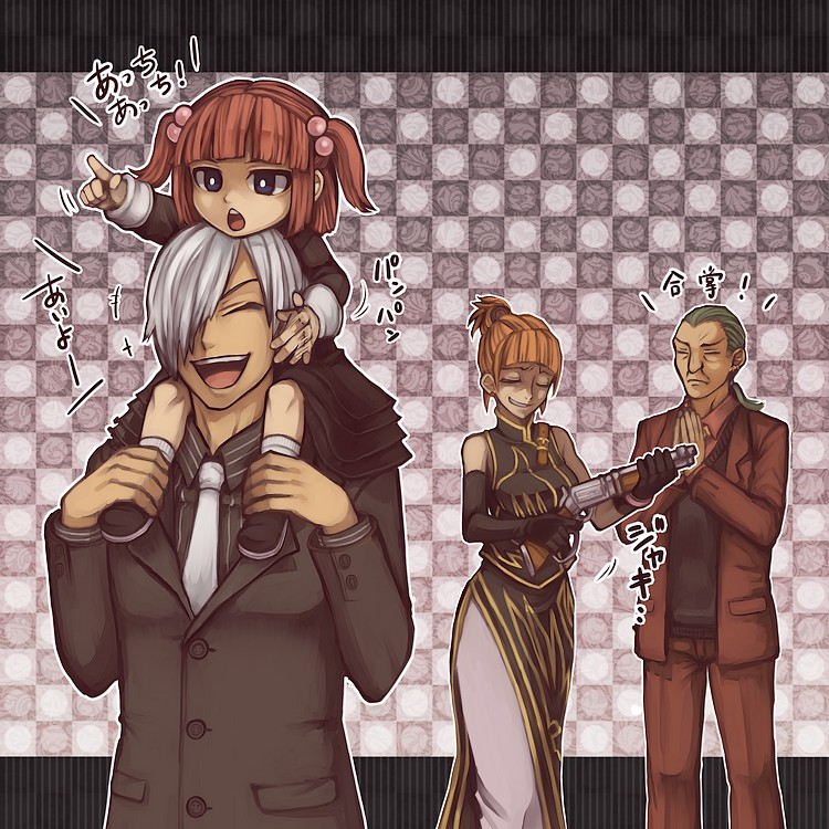 niso, amakusa juuza, okonogi tetsurou, ushiromiya ange, ushiromiya eva, 07th expansion, no naku koro ni (series), umineko no naku koro ni, silver hair, translation request, 00s, 2boys, 2girls, aged down, carrying, dress, formal clothes, green hair, gun, hair bobbles, hair ornament, multiple boys, multiple girls, orange hair, piggyback, red hair, shoulder carry, suit, time paradox, weapon