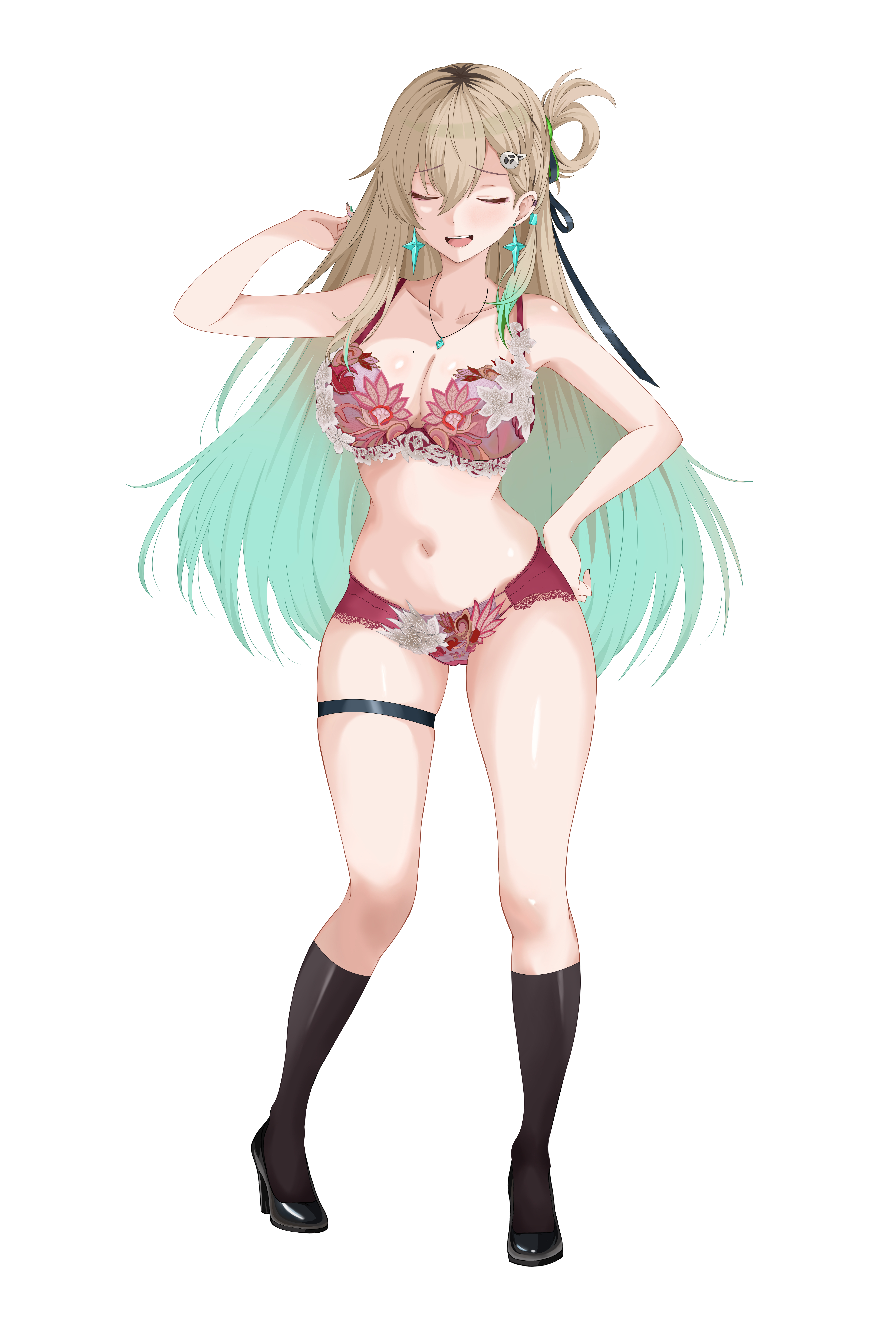 lynae (wuthering waves), wuthering waves, absurdres, bilingual commentary, commentary, english commentary, highres, mixed-language commentary, 1girl, bare shoulders, black shoes, blush, bra, breasts, bright moon, cleavage, collarbone, earrings, full body, hair between eyes, hair ornament, hand up, jewelry, large breasts, legs, long hair, looking at viewer, multicolored hair, navel, open mouth, panties, red bra, red panties, shoes, simple background, skindentation, skull hair ornament, smile, solo, star (symbol), star earrings, stomach, streaked hair, thigh strap, thighs, underwear, very long hair, white background