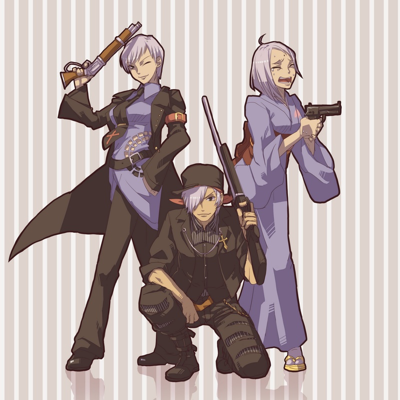 niso, amakusa juuza, sumadera kasumi, ushiromiya kyrie, 07th expansion, no naku koro ni (series), umineko no naku koro ni, silver hair, 00s, gun, shotgun, tears, weapon