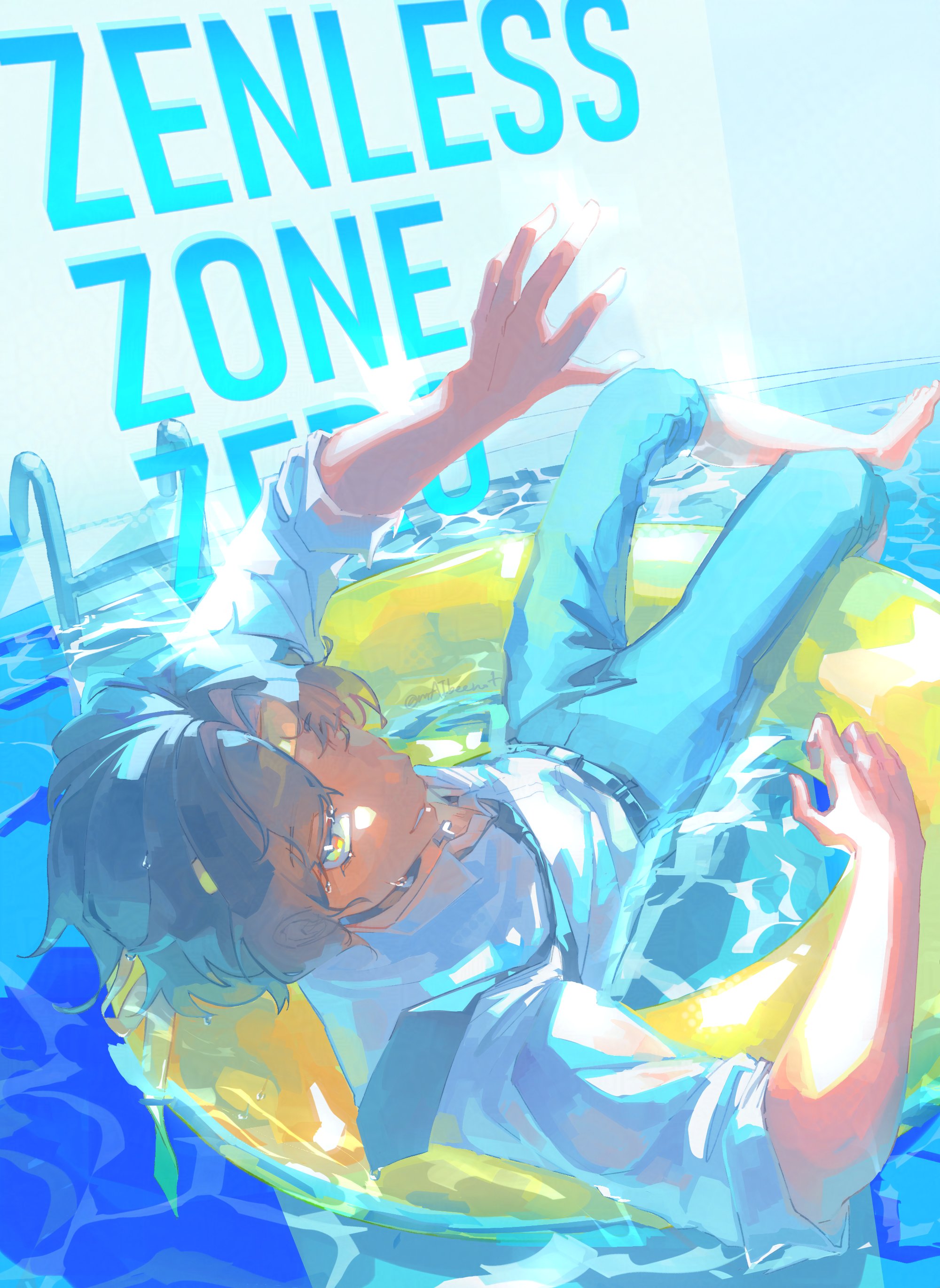 asaba harumasa, zenless zone zero, absurdres, commentary, english commentary, highres, 1boy, afloat, barefoot, black choker, black hair, black necktie, black pants, choker, copyright name, headband, looking at viewer, mai beenot, male focus, necktie, pants, pants rolled up, parted bangs, parted lips, pool, pool ladder, shirt, short hair, sleeves rolled up, solo, swim ring, water, wet, wet clothes, white shirt, yellow eyes, yellow headband