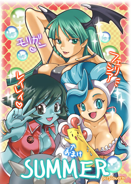 purpleworm, felicia (darkstalkers), hsien-ko, mei-ling (darkstalkers), morrigan aensland, capcom, darkstalkers, 3girls, animal ears, animal hands, artist name, blue eyes, blue hair, breasts, cat ears, cleavage, cleavage cutout, clothing cutout, demon girl, flipped hair, green eyes, green hair, head wings, large breasts, long hair, medium breasts, multiple girls, short hair, signature, v, wings
