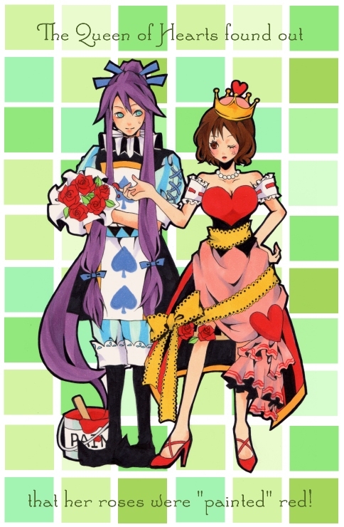 tomoshibi rei, kamui gakupo, meiko (vocaloid), queen of hearts (alice in wonderland), alice's adventures in wonderland, vocaloid, bad id, bad pixiv id, 1boy, 1girl, blush, bow, brown hair, cosplay, couple, crown, dress, flower, hetero, high heels, long hair, one eye closed, ponytail, purple hair, queen of hearts (cosplay), shoes, short hair, very long hair, wink